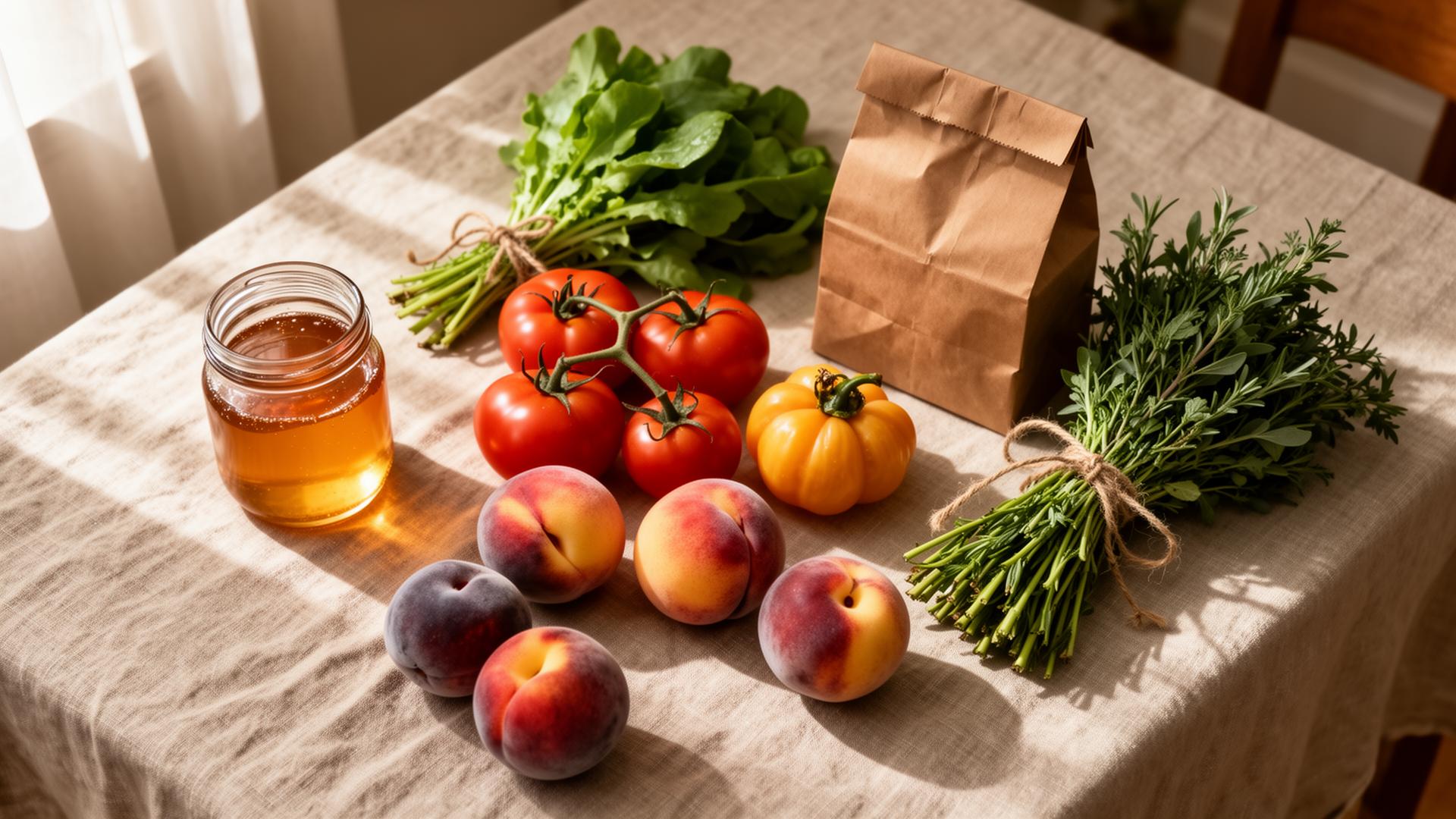A linen-covered table of seasonal Australian produce — heirloom tomatoes, peaches, a jar of honey, fresh herbs